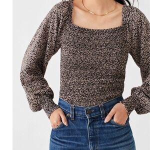 Faherty Brand Smocked Long Sleeve Top Black Tan Leaf‎ Print Square Neck Small